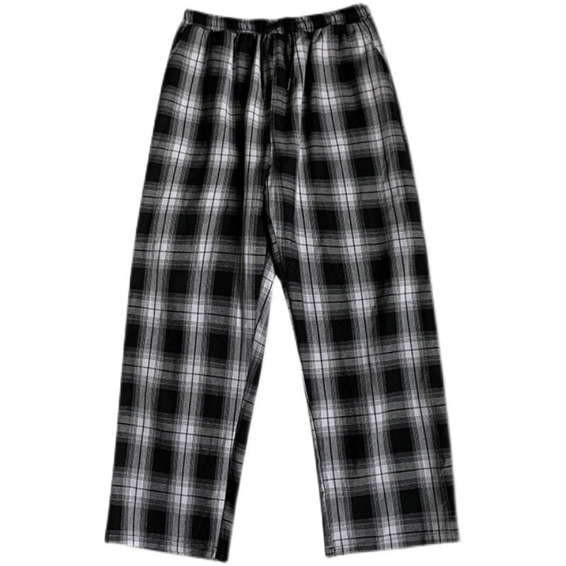 Men Casual Pants Plaid Ankle Length Loose Wide Leg All-match Elastic Waist Fashion Trousers Streetwear Harajuku Korean Retro Ins