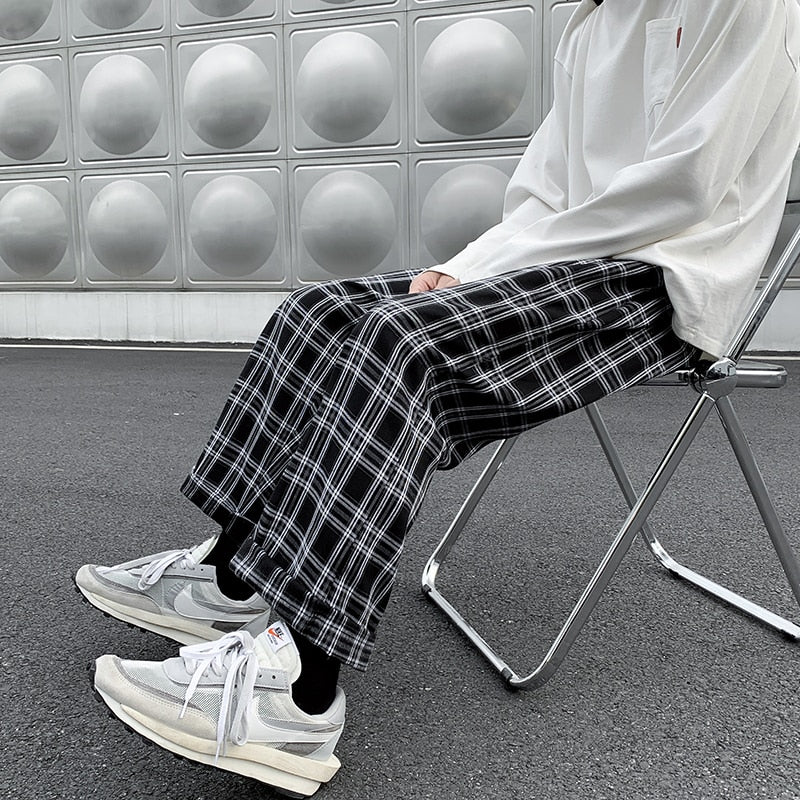 Men Casual Pants Plaid Ankle Length Loose Wide Leg All-match Elastic Waist Fashion Trousers Streetwear Harajuku Korean Retro Ins