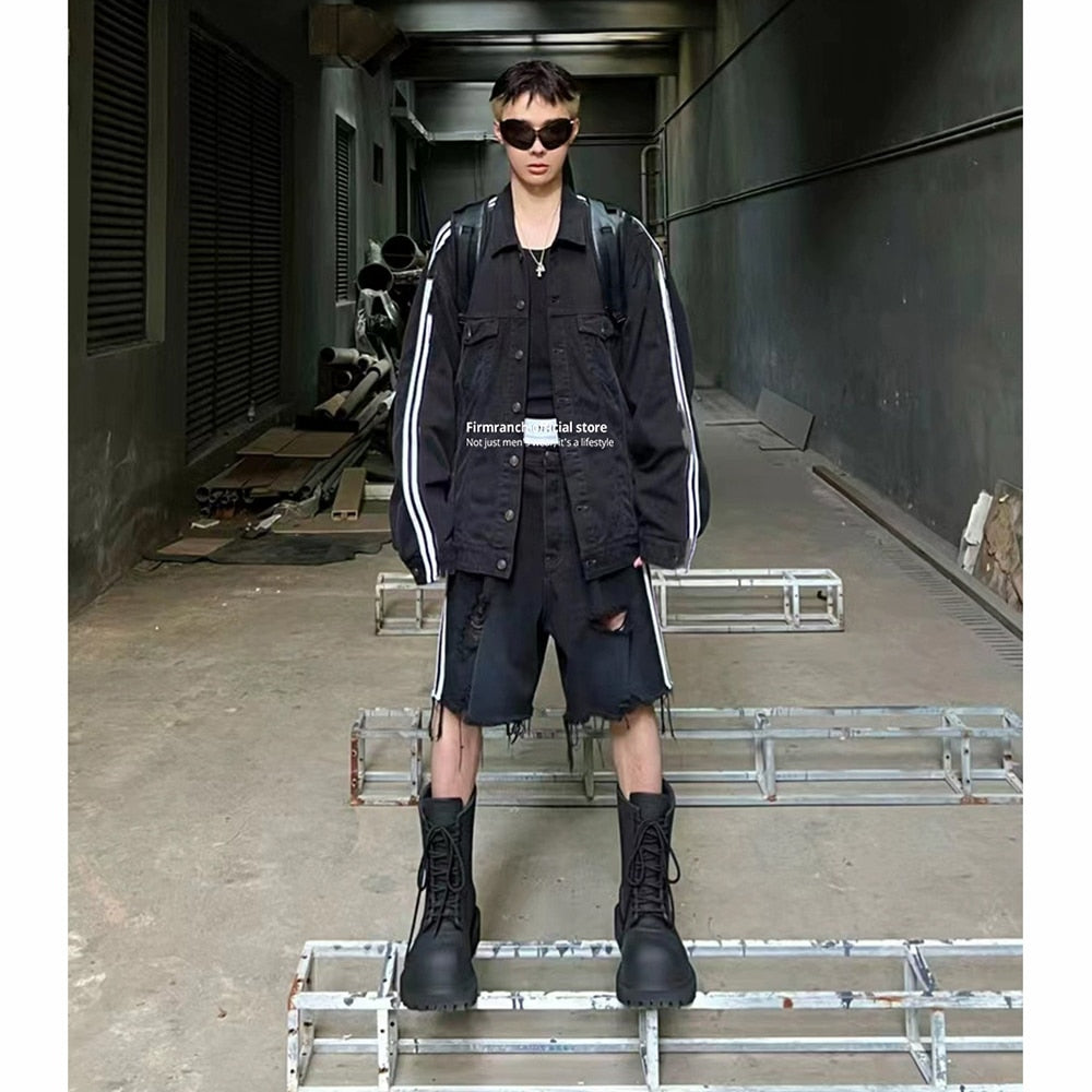Firmranch 2023 New Black Three Bars Baggy Ripped Short Jeans Baggy Jorts For Men Women Oversize Denim Jackets Free Shipping