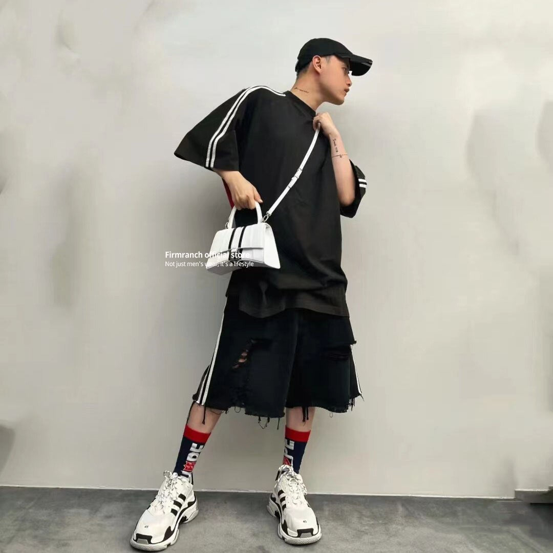 Firmranch 2023 New Black Three Bars Baggy Ripped Short Jeans Baggy Jorts For Men Women Oversize Denim Jackets Free Shipping