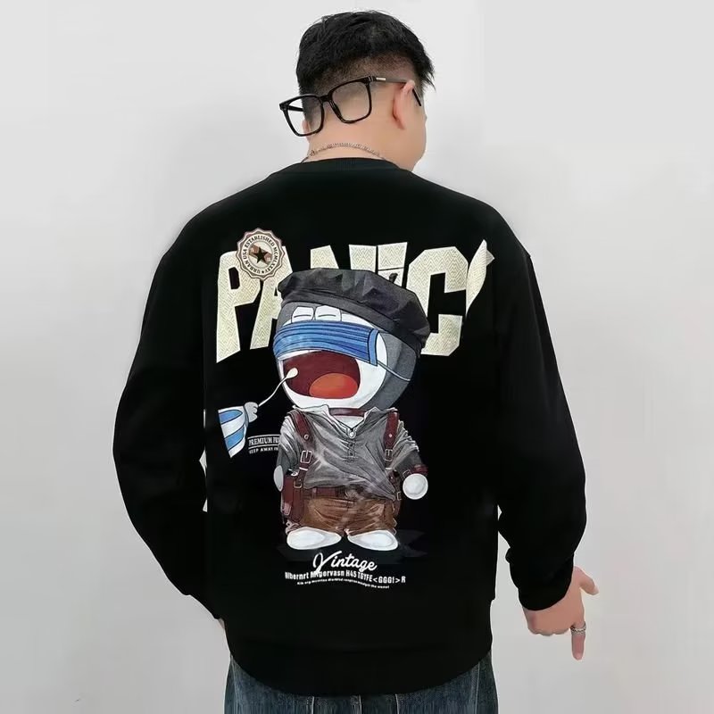 Spring Autumn Men's Sweatshirt Print Long Sleeve Top Korean Fashion Streetwear Men Clothing Harajuku Cartoon Black Sweatshirt