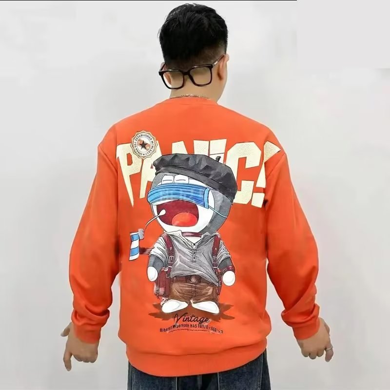 Spring Autumn Men's Sweatshirt Print Long Sleeve Top Korean Fashion Streetwear Men Clothing Harajuku Cartoon Black Sweatshirt