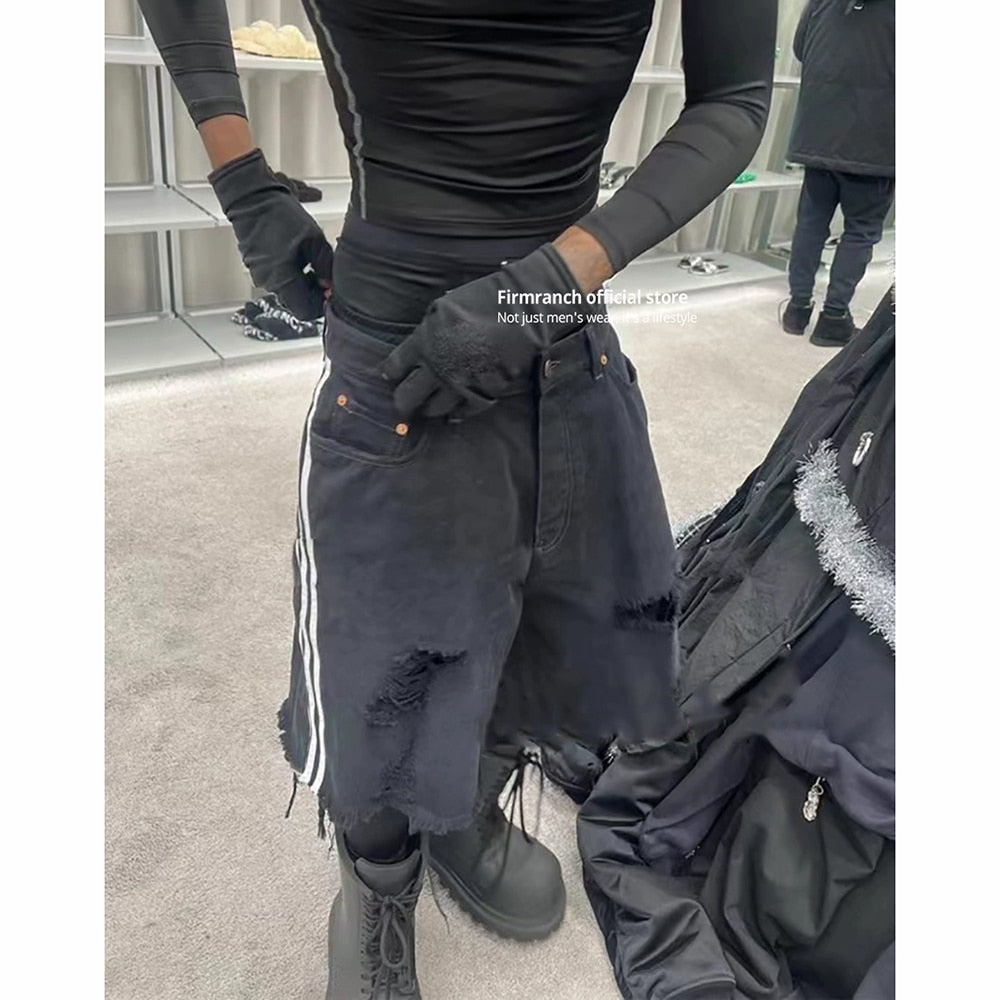 Firmranch 2023 New Black Three Bars Baggy Ripped Short Jeans Baggy Jorts For Men Women Oversize Denim Jackets Free Shipping
