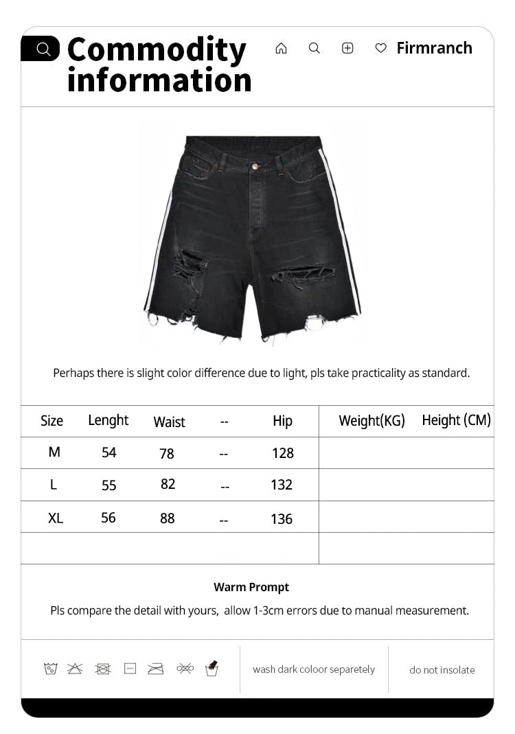 Firmranch 2023 New Black Three Bars Baggy Ripped Short Jeans Baggy Jorts For Men Women Oversize Denim Jackets Free Shipping