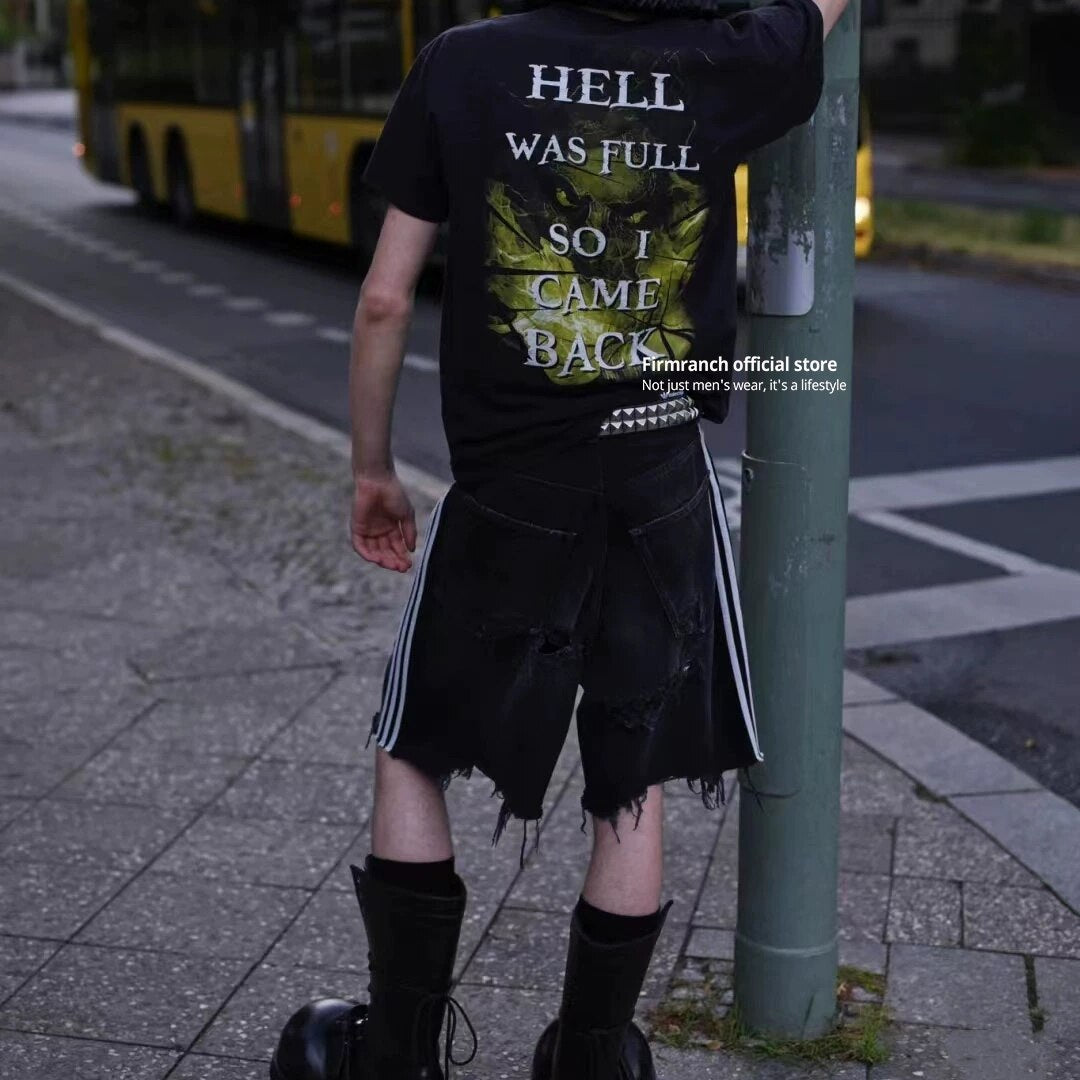 Firmranch 2023 New Black Three Bars Baggy Ripped Short Jeans Baggy Jorts For Men Women Oversize Denim Jackets Free Shipping